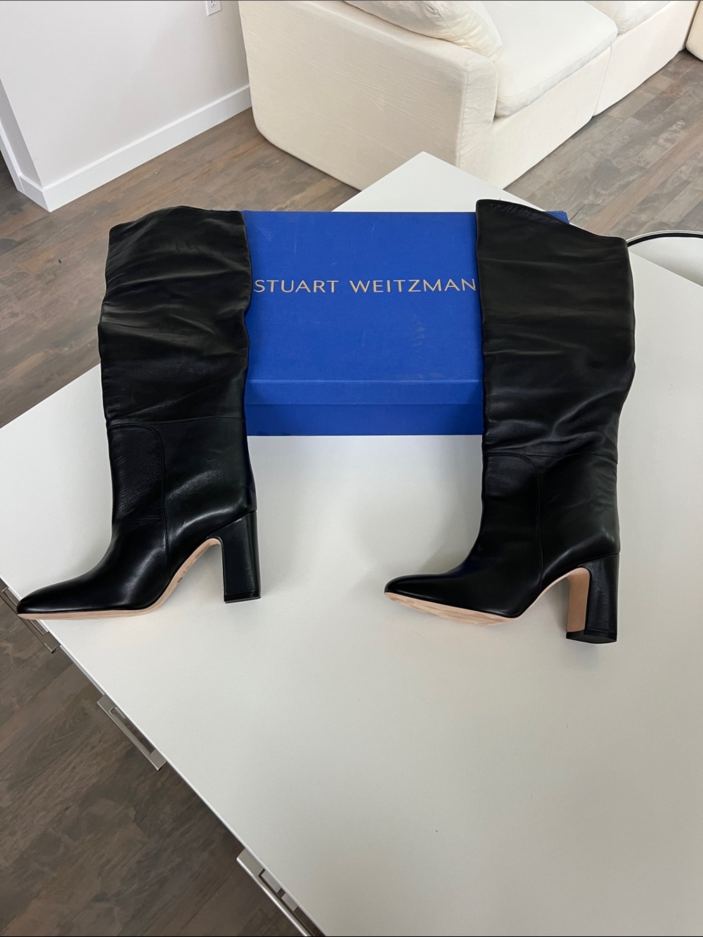 Stuart Weitzman lucinda black leather lucinda block heel round toe long boot 7.5